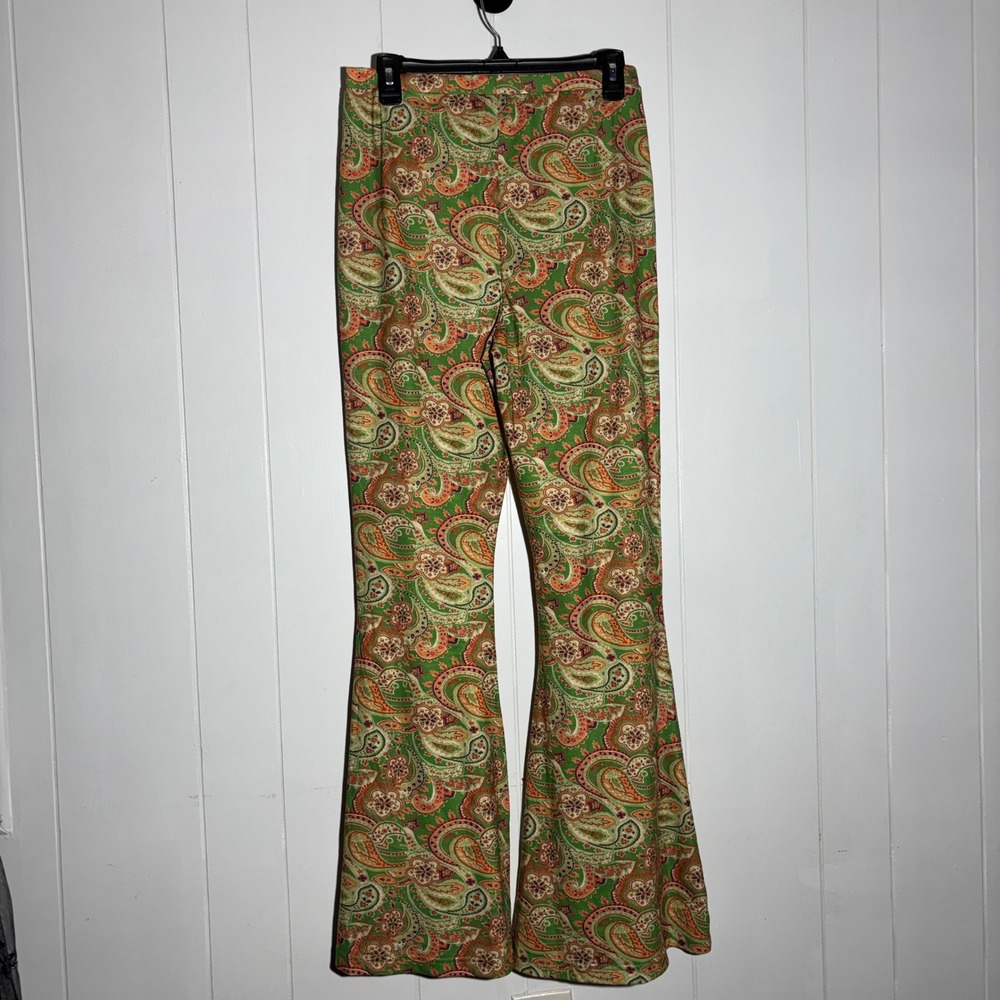 Natural Life Cali Knit Green Paisley Flare Leg Bell Bottom Large Retro Boho - Picture 2 of 12